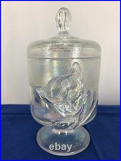 Vintage Fenton Iridized Crystal Chessie Kitten Cat Candy Jar Dish Box Opalescent