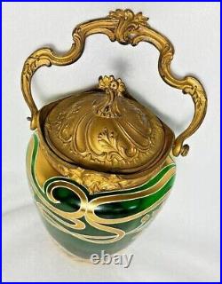 Vintage French Art Nouveau Style Green Glass Gold Floral Decor Metal Biscuit Jar