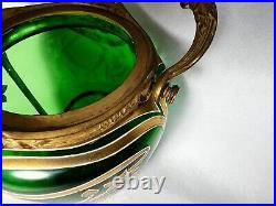 Vintage French Art Nouveau Style Green Glass Gold Floral Decor Metal Biscuit Jar