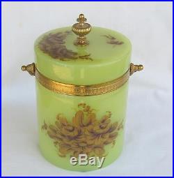 Vintage French Green Opaline Biscuit Jar Ormolu Trim Handle Gilt Flowers
