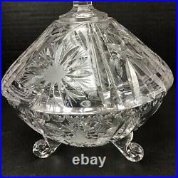 Vintage Frosted Footed Lead Crystal Covered Candy Jar/Box With Beveled Handle
