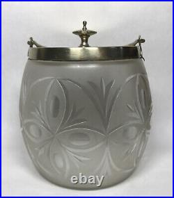 Vintage Frosted Glass Etched Design Biscuit Jar Silver Plates Lid Handle