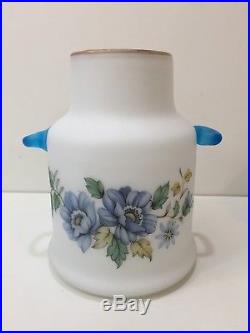 Vintage Frosted Glass Jar Canister Blue Floral withBlue Handles, Made in Italy