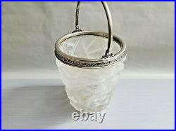Vintage Frosted Glass Jar Metal Rim Encased Handle 9'' T 5'' W