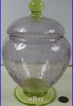 Vintage Fry Glass Covered Jar Crackle Purple With Vaseline Glass Handle & Base