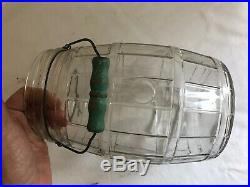 Vintage GLASS PICKLE JAR with Lid & Green Wooden Handle BARREL SHAPED