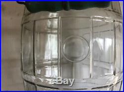 Vintage GLASS PICKLE JAR with Lid & Green Wooden Handle BARREL SHAPED