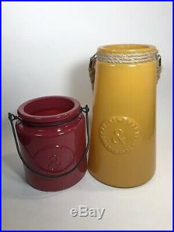 Vintage Genuine & Crafted Original Mustard Glass Vase Rope Maroon Jar Handle