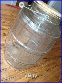 Vintage Glass Barrel 3 gallon Pickle Jar with Wood Handle bucket pail