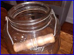 Vintage Glass Barrel 3 gallon Pickle Jar with Wood Handle bucket pail
