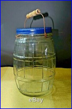 Vintage Glass Barrel Pickle Jar Metal Top Wire Bail Wood Handle w Blue Lid