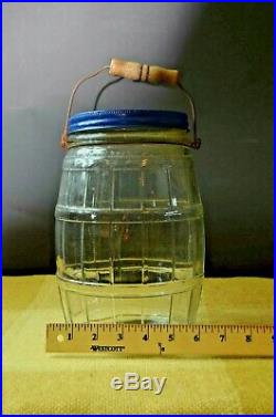 Vintage Glass Barrel Pickle Jar Metal Top Wire Bail Wood Handle w Blue Lid