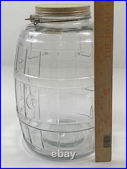 Vintage Glass Barrel Pickle Jar WithMetal Screw Lid Wire Bale Wooden Handle 2.5gal