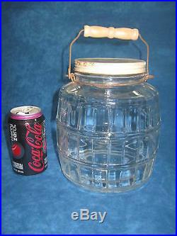 Vintage Glass Barrel Style General Store PICKLE JAR/ STORAGE CANISTER, WD Handle