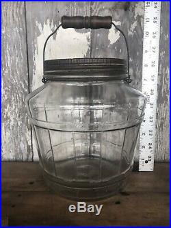 Vintage Glass Barrel Style General Store PICKLE JAR STORAGE Pretzels Wood Handle