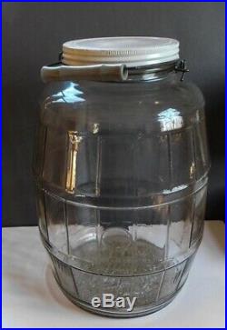 Vintage Glass Jar Bail Handle Barrel Shape 2 1/2 Gallon With Lid