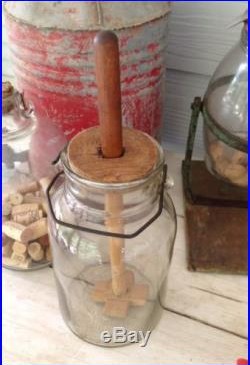 Vintage Glass Jar Butter Churn Wood Dasher Wire Handle I Gallon Signed Numbered