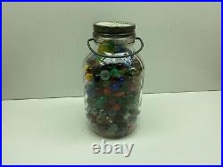 Vintage Glass Marbles In #7 Half Gallon Jar With Handle. TS