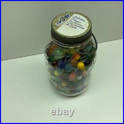 Vintage Glass Marbles In #7 Half Gallon Jar With Handle. TS