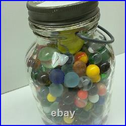 Vintage Glass Marbles In #7 Half Gallon Jar With Handle. TS