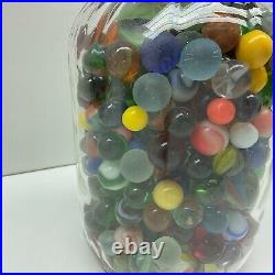 Vintage Glass Marbles In #7 Half Gallon Jar With Handle. TS