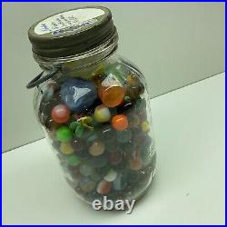 Vintage Glass Marbles In #7 Half Gallon Jar With Handle. TS