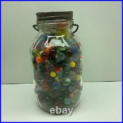 Vintage Glass Marbles In #7 Half Gallon Jar With Handle. TS