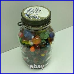 Vintage Glass Marbles In #7 Half Gallon Jar With Handle. TS