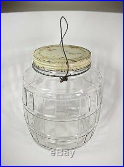 Vintage Glass Pickle Jar Barrel Shape General Store Storage Wire Handle 8.75H