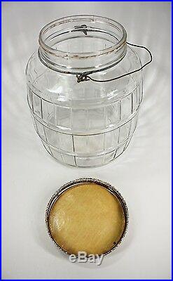 Vintage Glass Pickle Jar Barrel Shape General Store Storage Wire Handle 8.75H