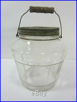 Vintage Glass Pickle Jar withWire Bail & Wooden Handle- Barrel Style #AH