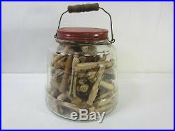 Vintage Glass Pickle Jar withWire Bail & Wooden Handle- Full of Clothes Pins #AH
