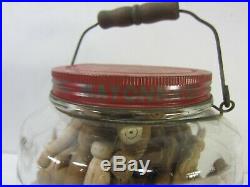 Vintage Glass Pickle Jar withWire Bail & Wooden Handle- Full of Clothes Pins #AH