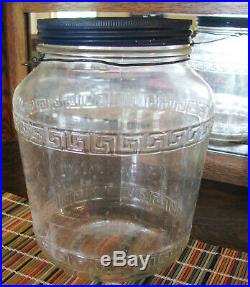 Vintage Greek Key Glass Jar with Lid and Bail Handle