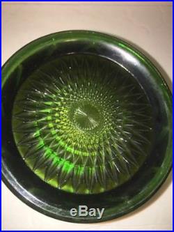 Vintage Green Carnival Glass Cracker Biscuit Cookie Jar Inverted Feather 2handle