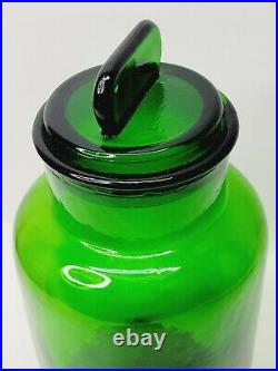 Vintage Green Glass Apothecary Jar Glass Lid with Tab Handle 10 tall