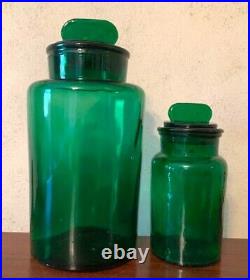 Vintage Green Glass Apothecary Jar Italy Glass Lid Tab Handle Pair Mid Century