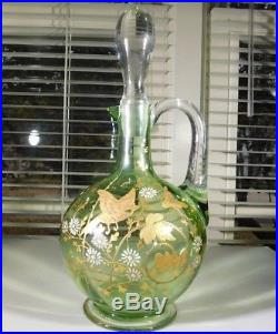 Vintage Green Glass Moser Hand Painted Cruet Jar w Applied Glass Handle