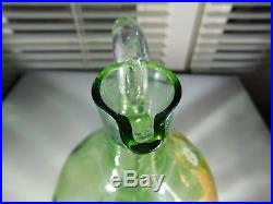 Vintage Green Glass Moser Hand Painted Cruet Jar w Applied Glass Handle
