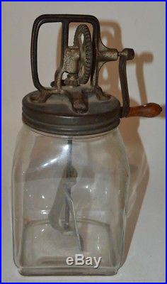 Vintage Hand Crank Glass Jar 4 Quart Butter Churn Wood Handle Cast Iron Gears