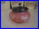 Vintage Hand Painted Floral Pink Satin Glass Jar With Silverplate Lid Handle