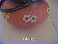 Vintage Hand Painted Floral Pink Satin Glass Jar With Silverplate Lid Handle