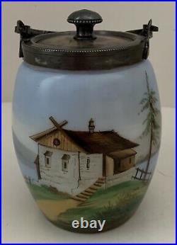 Vintage Hand Painted Milk Glass Jar Metal Lid Handle House / Mountain Scene