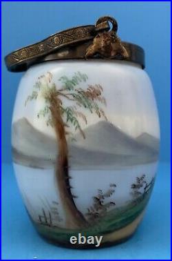 Vintage Hand Painted Milk Glass Jar Metal Lid Handle House / Mountain Scene
