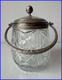 Vintage Handcut Crystal Glass Biscuit Barrel Jar with Silver 50Handle & Lid 7,5