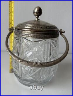 Vintage Handcut Crystal Glass Biscuit Barrel Jar with Silver 50Handle & Lid 7,5