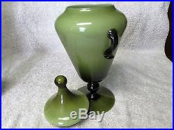 Vintage Handled Green Italian Cased Glass Apothecary, Candy Jar-Empoli, Murano