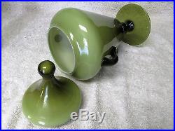 Vintage Handled Green Italian Cased Glass Apothecary, Candy Jar-Empoli, Murano