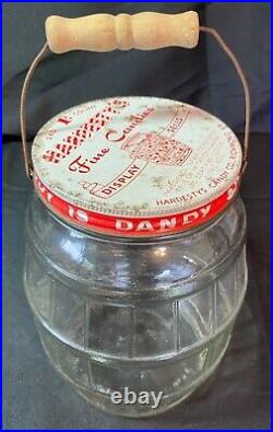 Vintage Hardesty's Penny Candy Barrel Glass Display Jar Wooden Handle Original