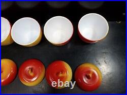 Vintage Hazel Atlas Apple Shaped Jar Red Yellow Milk Glass Lid Sugar Bowl Set 6